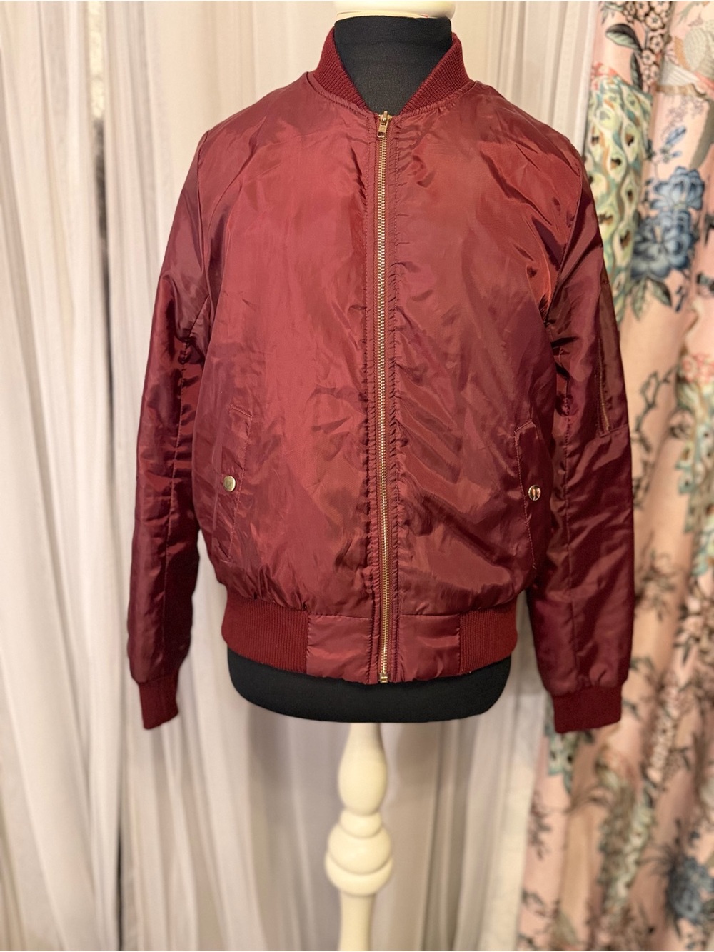 Say What? Women’s Small Burgundy Satin Bomber Jacket Gold Zip Y2K